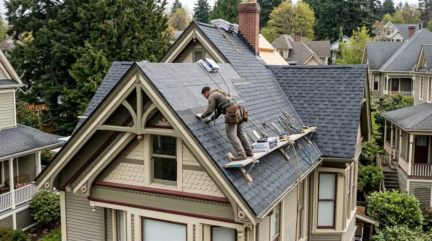 Composition reroof on a gabled house in the North Slope Historic District