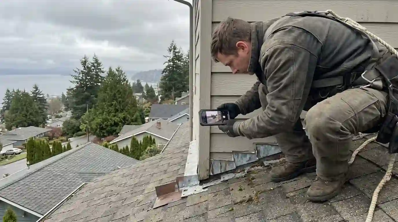 Roofer photographing flashing during an inspection