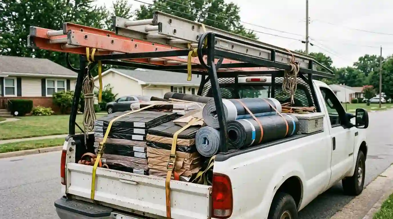 Bundles of shingles and ladders on a work truck in Pierce County