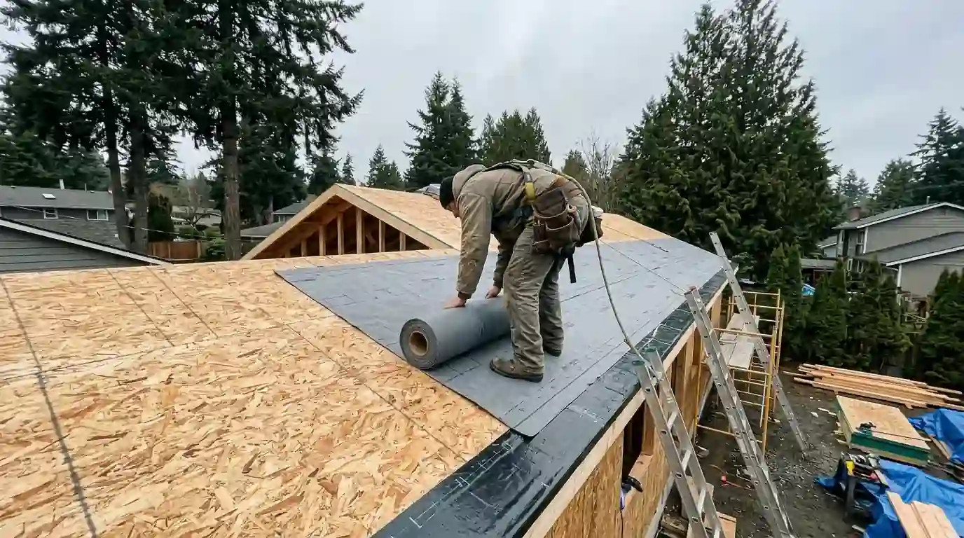 Roofer laying underlayment on a new addition