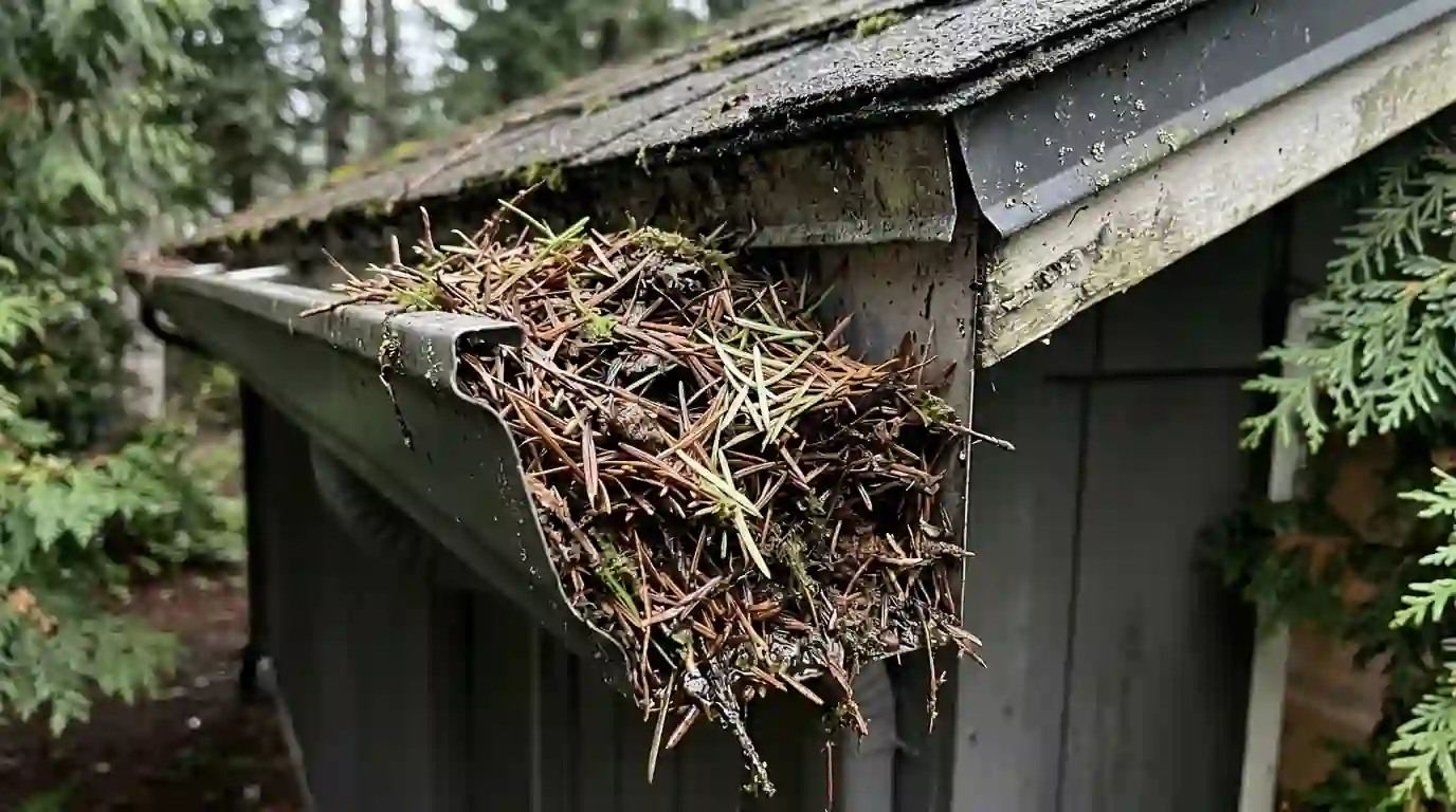 Fir needles packed into a gutter outlet