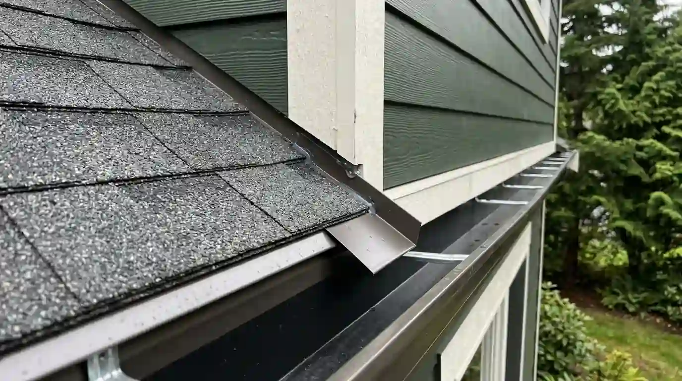Kick-out flashing where a roof edge meets a wall