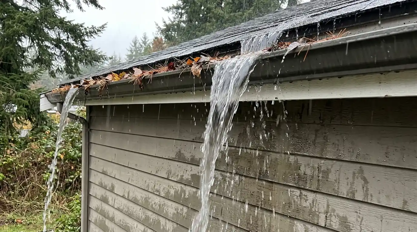 Rain overflowing a clogged gutter onto siding