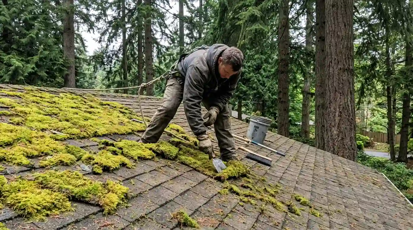 Hand-scraping moss from a shaded roof in Bonney Lake