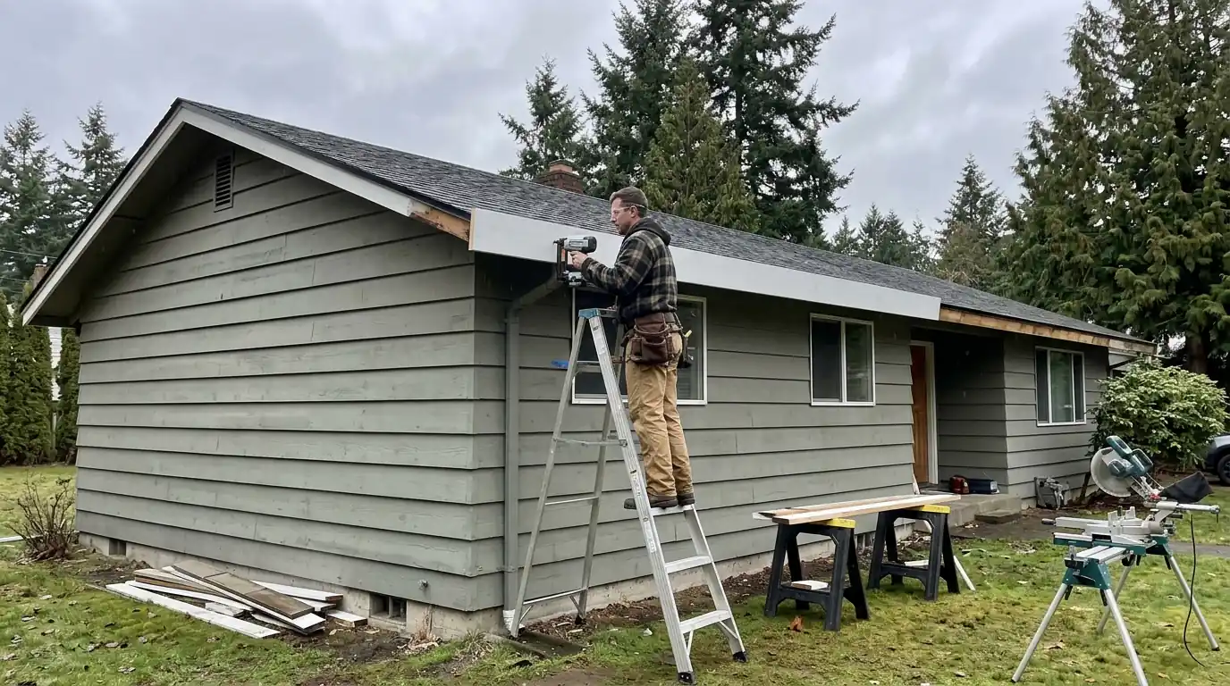 Carpenter installing a new fascia board