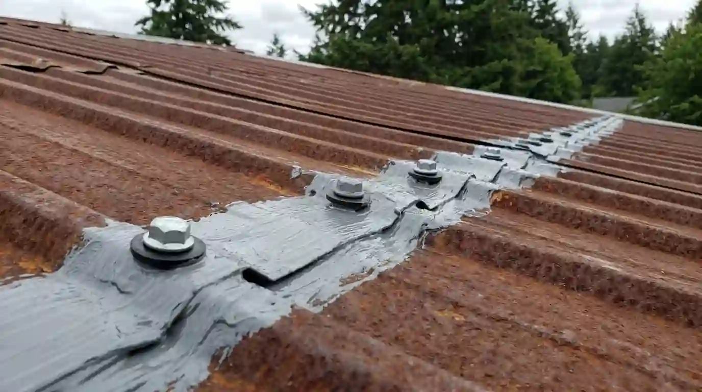Metal shop roof prepped with primer and new screws