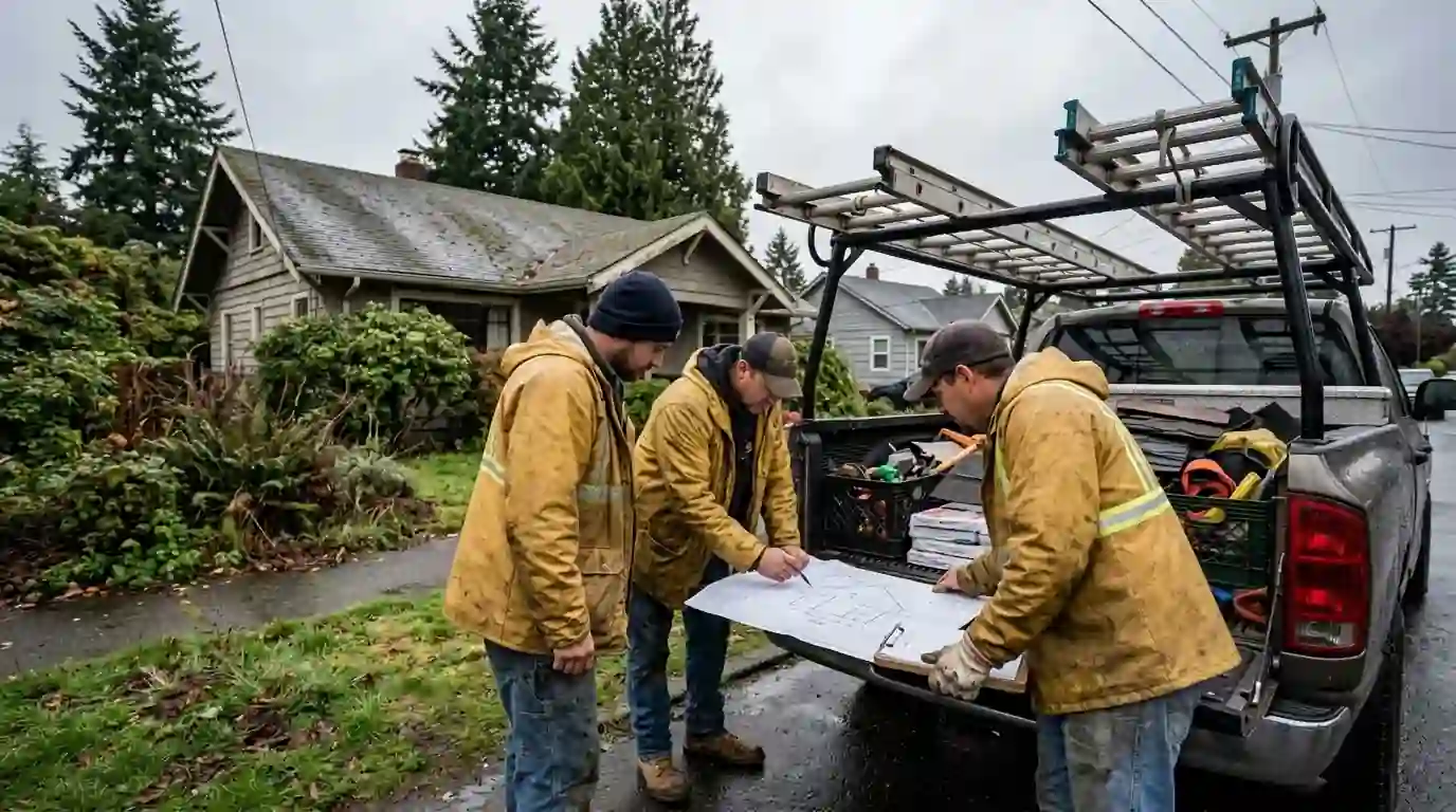 Roofing crew reviewing a measurement sheet beside a Tacoma house