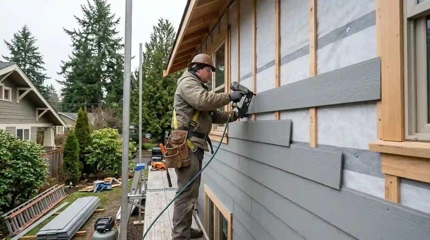 Installer nailing fiber cement siding over house wrap