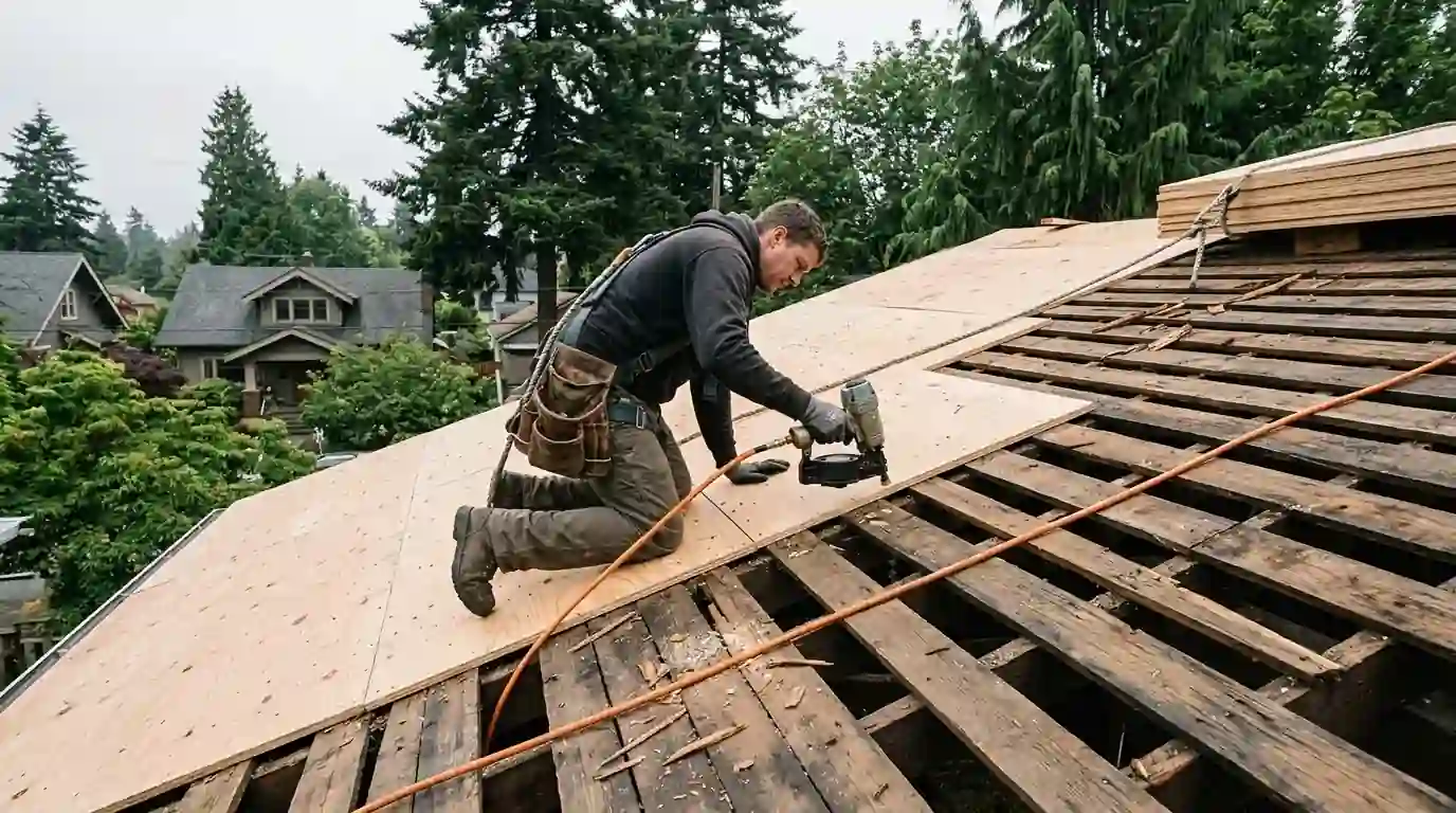 Roofer nailing plywood over old skip sheathing