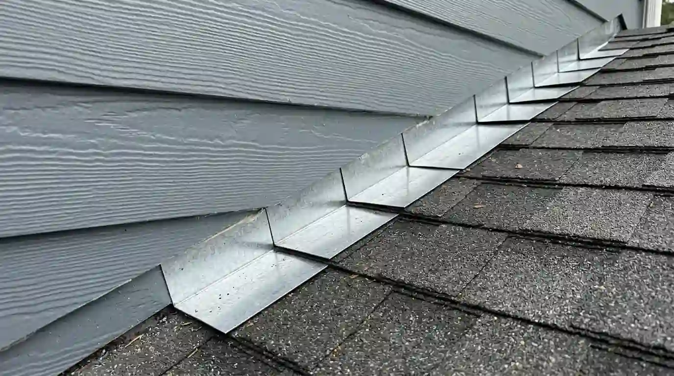 Step flashing where a porch roof meets siding