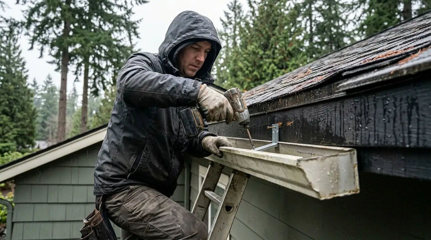 Worker rehanging a sagging gutter on a Tacoma house