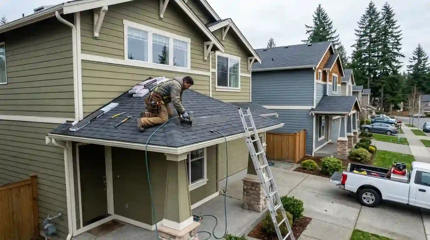 Porch roof repair on a DuPont home