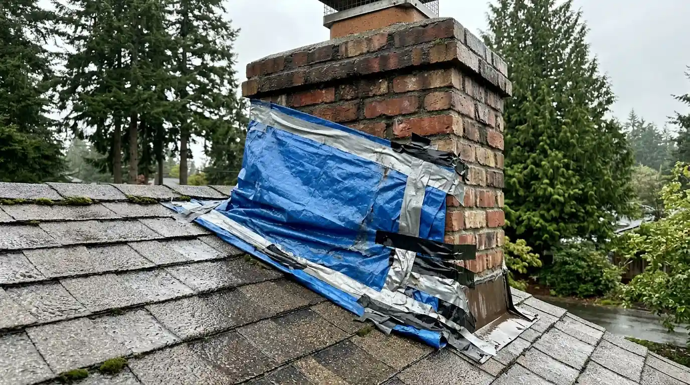 Tarp folded and taped around a brick chimney