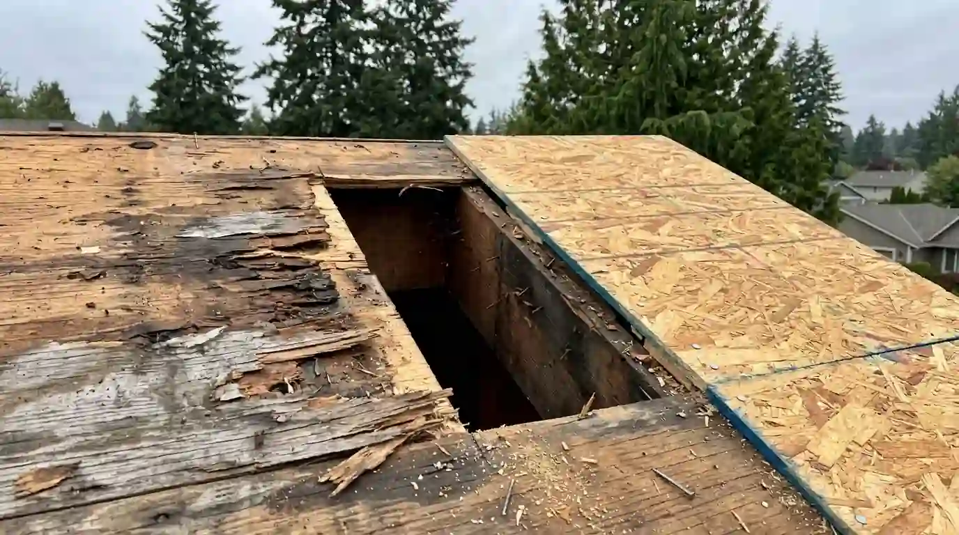 Delaminated sheathing cut out beside new OSB