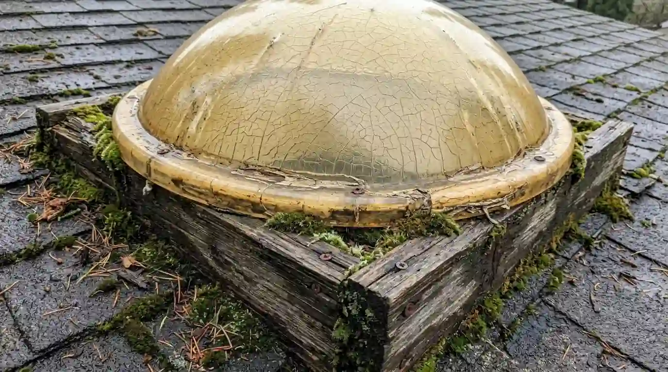 Old crazed plastic dome skylight on a wooden curb