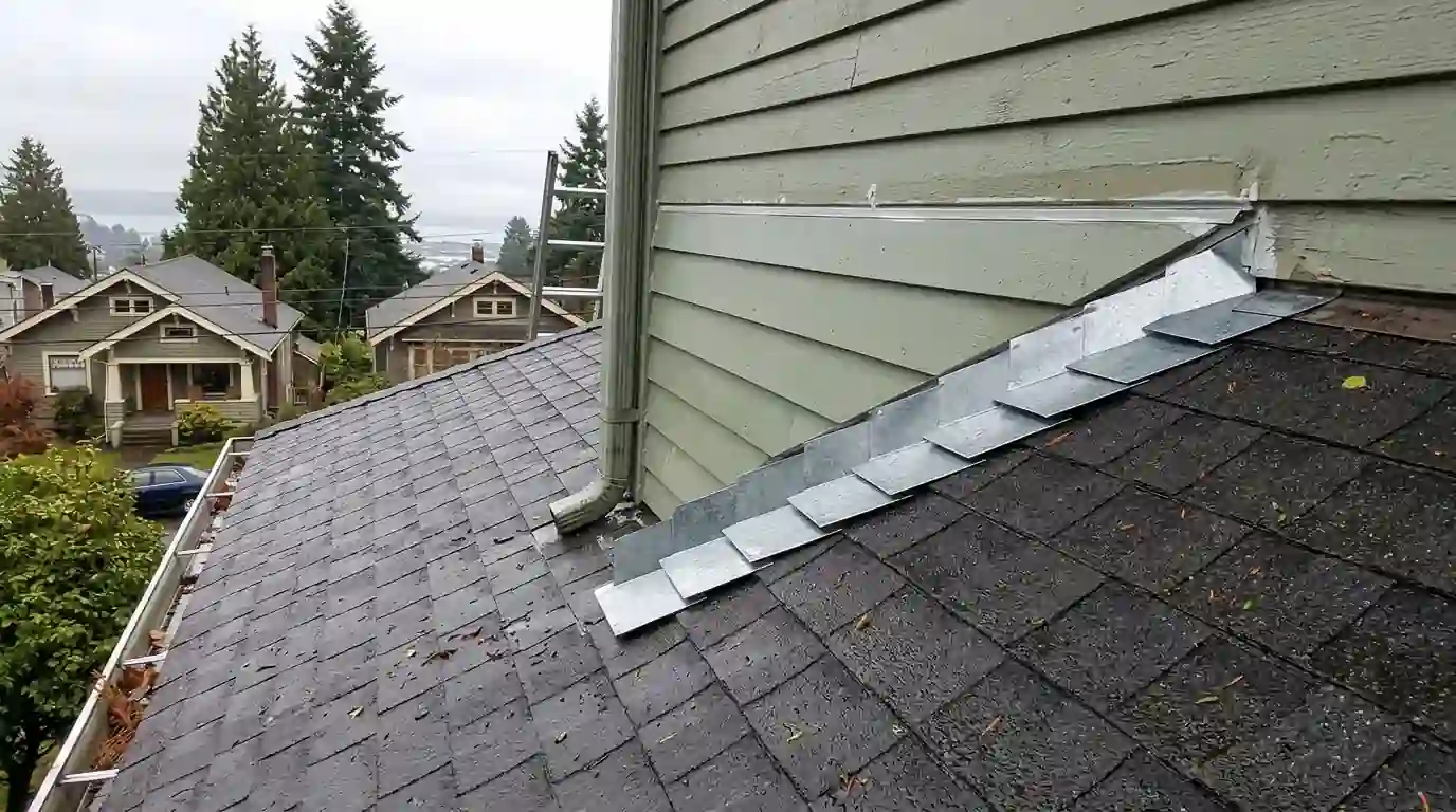 New step flashing at a wall junction after a windstorm