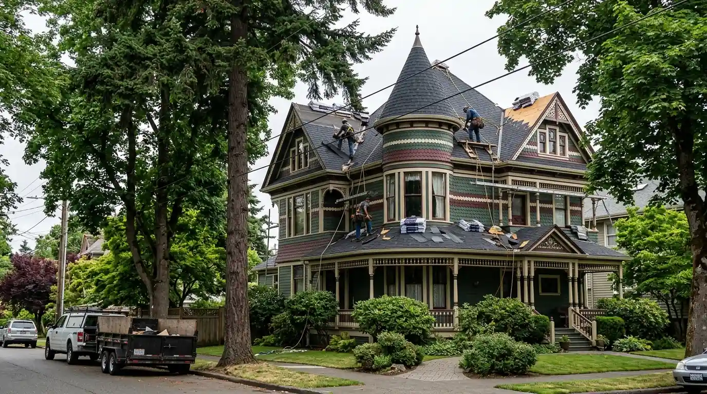 Composition reroof on a historic Queen Anne house in Tacoma