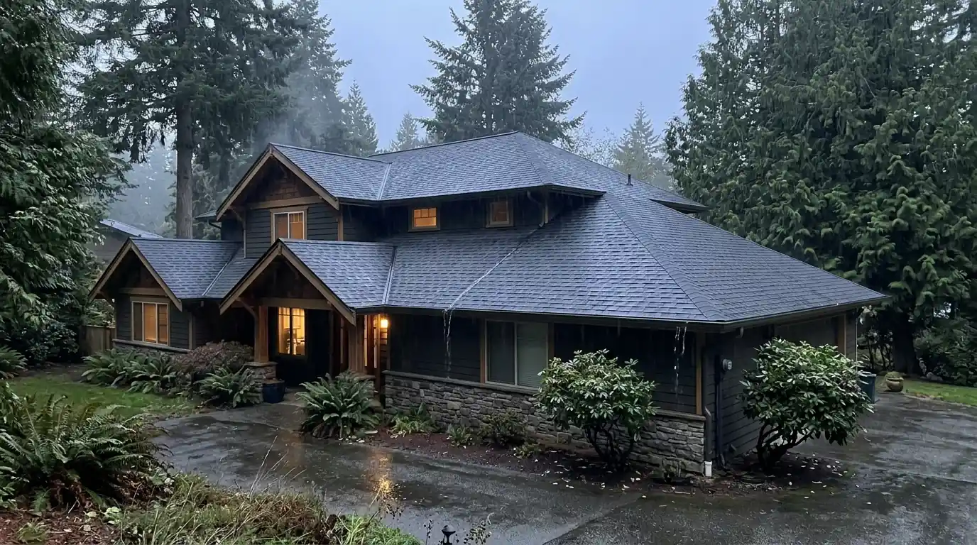 Rain running off a finished roof into aluminum gutters