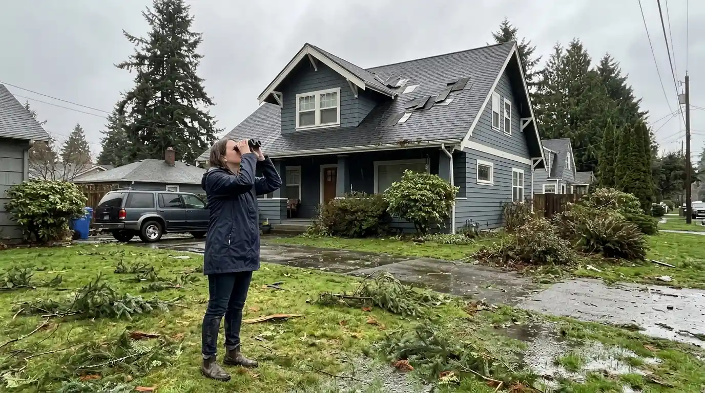 Homeowner checking a roof from the yard after a windstorm