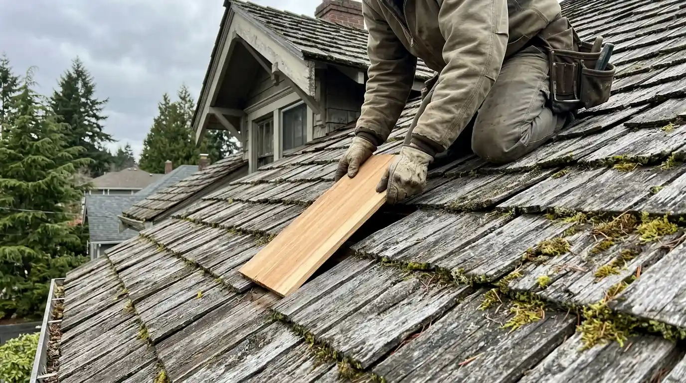 Roofer fitting a new cedar shake into a weathered roof