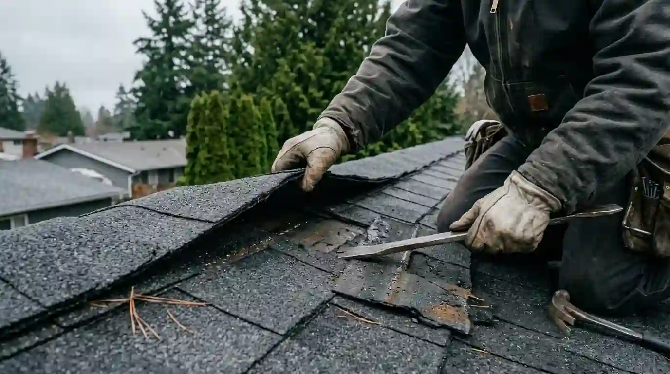 Roofer replacing a wind-damaged shingle on a Tacoma house