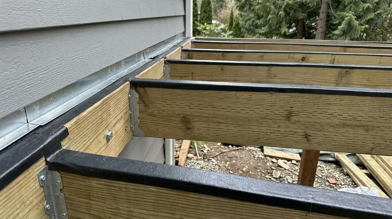 Joist tape and a flashed ledger on a deck frame