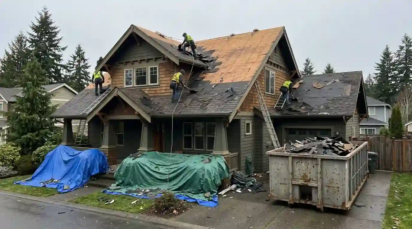 Roofers stripping old shingles to the deck on a craftsman house