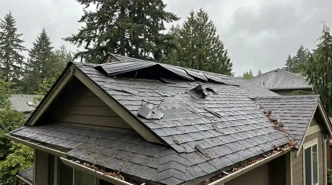 Wind-peeled ridge vent and lifted shingles after a storm