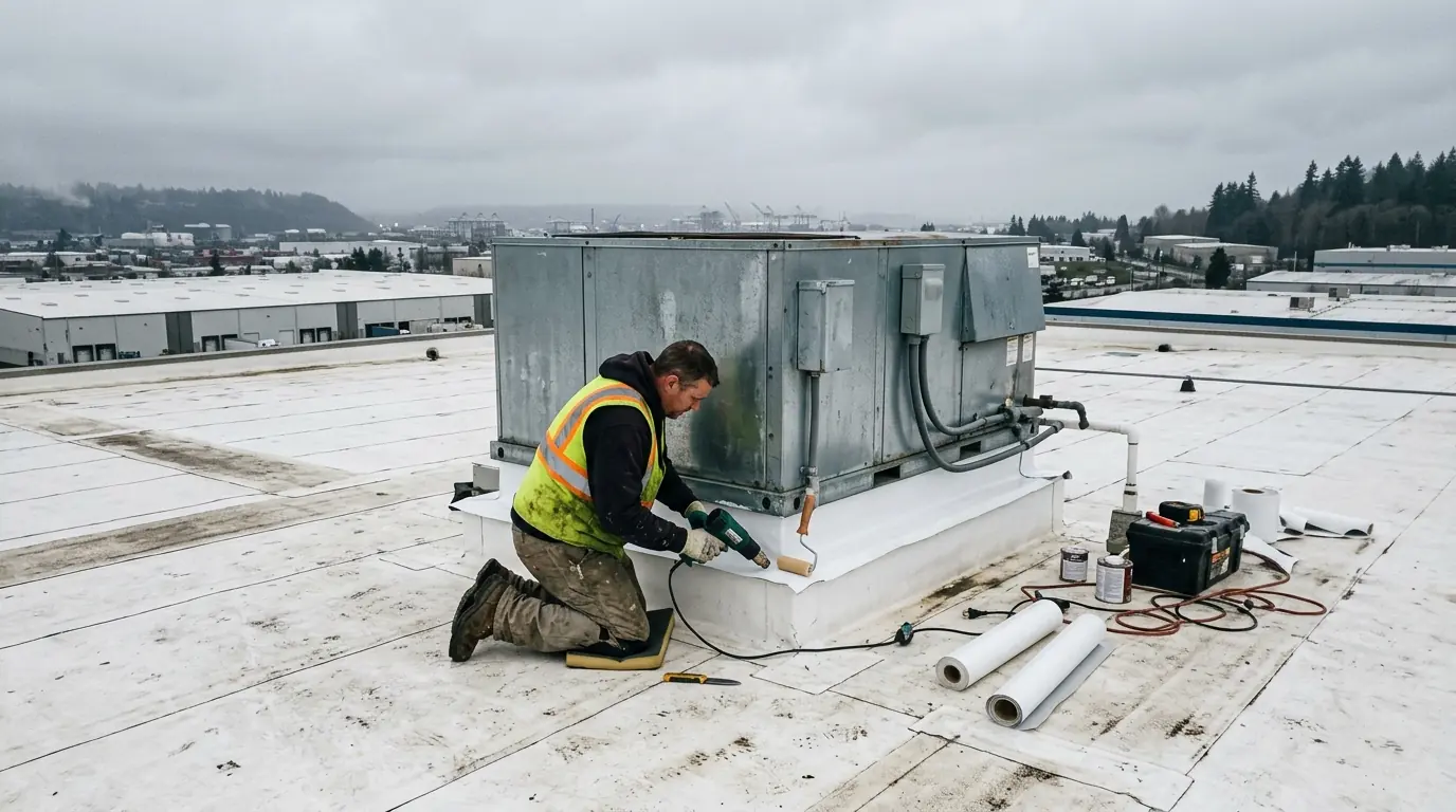 Flashing a rooftop unit curb on a commercial roof