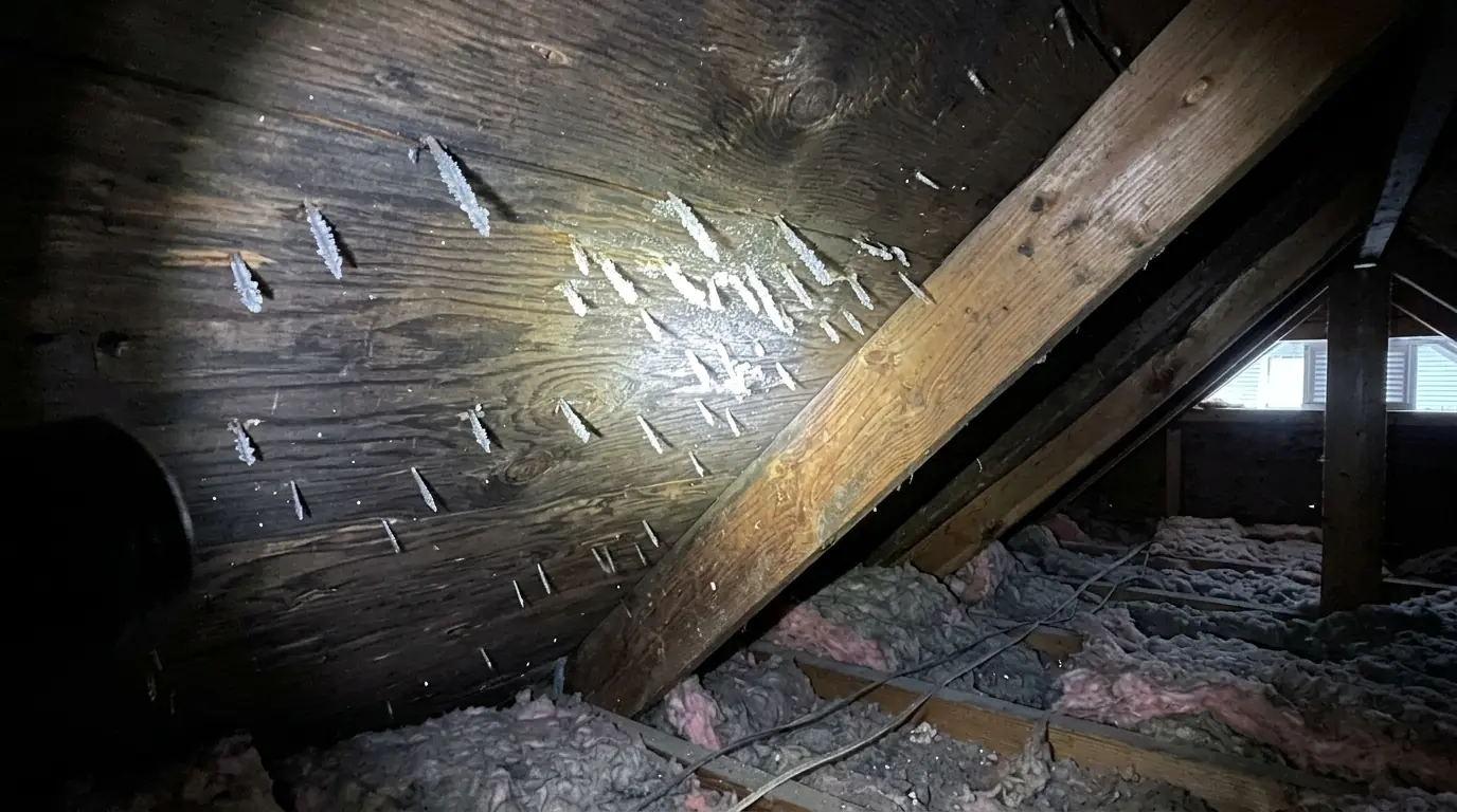 Frost on roofing nail tips inside a cold attic